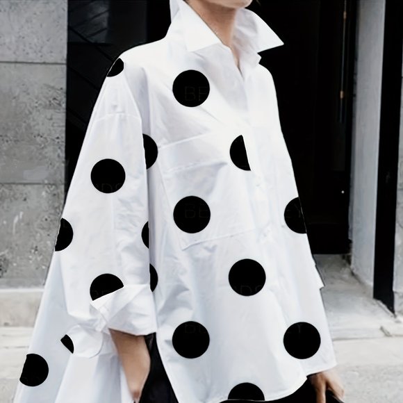 Polka Dot Print Dipped Hem Casual Button Front Long Sleeve Blouse - Picture 1 of 7